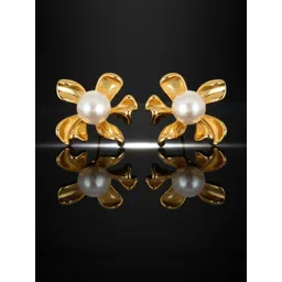 DIVASTRI Gold-Plated White Pearl-Studded Anti Tarnish Floral Studs Earrings-picture-32