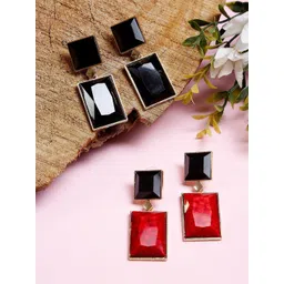 DIVASTRI Set Of 2 Gold-Plated Artificial Stones Studded Geometric Shaped Drop Earrings-picture-13