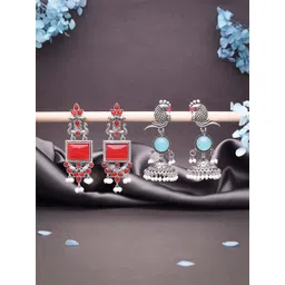 DIVASTRI Set Of 2 Silver-Plated Artificial Stones and Beads Square Shaped Drop Earrings-picture-37