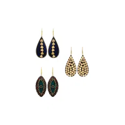 DIVASTRI Set Of 3 Gold-Plated Artificial Stones Studded Teardrop Shaped Drop Earrings-picture-41