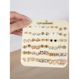 DIVASTRI Set Of 30 Gold-Plated Stones Studded & Pearls Beaded Contemporary Shaped Studs-picture-28