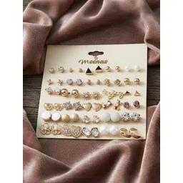 DIVASTRI Set Of 30 Gold-Plated Stones Studded & Pearls Beaded Contemporary Shaped Studs-picture-27