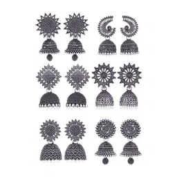 DIVASTRI Set Of 6 Silver-Plated Artificial Beaded Oxidised Dome Shaped Jhumkas-picture-26
