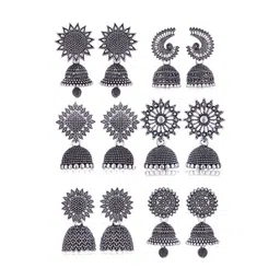 DIVASTRI Set Of 6 Silver-Plated Artificial Beaded Oxidised Dome Shaped Jhumkas-picture-17