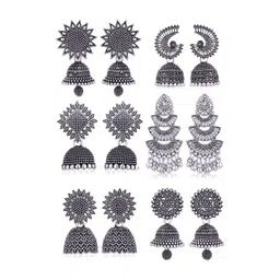 DIVASTRI Set Of 6 Silver- Plated Oxidised Dome Shaped Jhumkas-picture-11