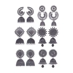 DIVASTRI Set Of 6 Silver- Plated Oxidised Dome Shaped Jhumkas-picture-16