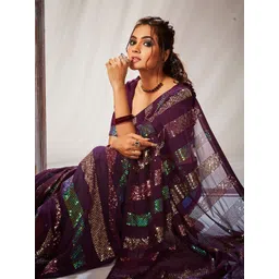 DIVASTRI Striped Embellished Sequinned Pure Georgette Saree-picture-28