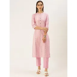 DIVASTRI Striped Mandarin Collar Straight Kurta With Trousers-picture-21