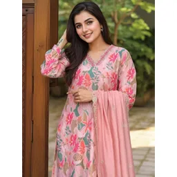 DIVASTRI Women Floral Printed Regular Thread Work Kurta with Trousers & With Dupatta-picture-23