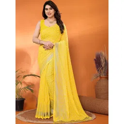 DIVASTRI Women Yellow Poly Georgette Saree With Foil Work & Tassel-picture-37