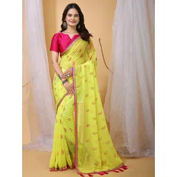 DIVASTRI Yellow Printed Poly Georgette Jamdani Sarees-picture-35