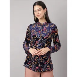 Divena Blue Floral Print Tie-Up Neck Velvet Shirt Style Top-picture-26