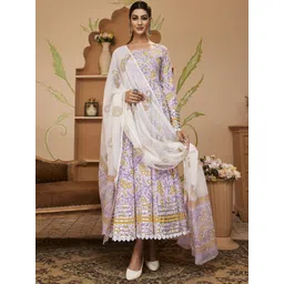 Divena Floral Block Printed Gotta Patti Anarkali Pure Cotton Kurta with Trousers & Dupatta-picture-21