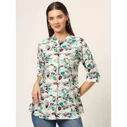 Divena Floral Print Mandarin Collar Roll-Up Sleeves Shirt Style Top-picture-40