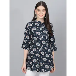 Divena Floral Printed Mandarin Collar Roll-Up Sleeves Shirt Style Longline Top-picture-35