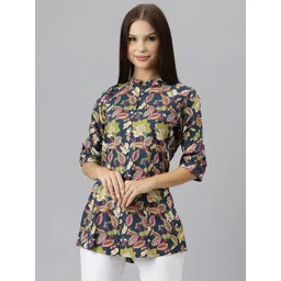 Divena Navy Blue & Pink Floral Print Mandarin Collar Roll-Up Sleeves Shirt Style Top-picture-19