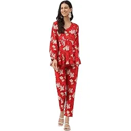divena Red Cotton Peplum Top Pant Co-ords Sets-picture-27