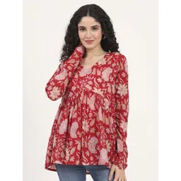 Divena Red Floral Printed V Neck Cotton Top-picture-15
