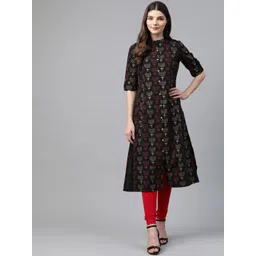 Divena Women Black & Red Cotton Ethnic Motifs Printed A-Line Kurta-picture-24