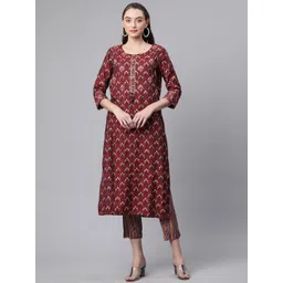 Divena Women Maroon Ethnic Motifs Printed Sequinned Chanderi Silk Kurta with Trousers-picture-11