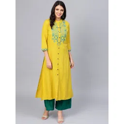 Divena Women Mustard Yellow & Green Yoke Design A-Line Kurta-picture-26