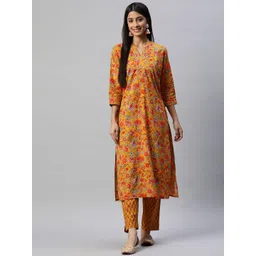 Divena Women Mustard Yellow & Red Ethnic Printed Pure Cotton Kurta with Trousers-picture-28