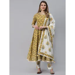 Divena Women Mustard Yellow Floral Printed Gotta Patti Pure Cotton Anarkali Kurta Set-picture-10