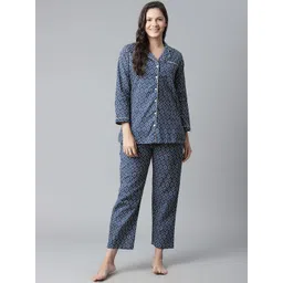 Divena Women Navy Blue & White Printed Cotton Night suit-picture-21