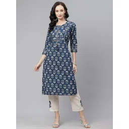Divena Women Navy Blue & White Printed Mirror Work Pure Cotton Kurta with Trousers-picture-30