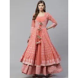 Divena Women Peach-Coloured & White Printed Anarkali Kurta with Ethnic Jacket-picture-22