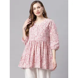 Divena Women Pink & White Floral Print Pure Cotton Peplum Top image 1