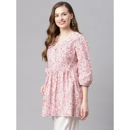 Divena Women Pink & White Floral Print Pure Cotton Peplum Top image 2
