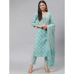Divena Women Sea Green Floral Printed Gotta Patti Pure Cotton Kurta with Trousers & With Dupatta-picture-21
