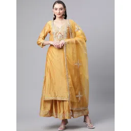 Divena Women Sweetheart Neck Chanderi Silk Kurta With Sharara & Dupatta-picture-19