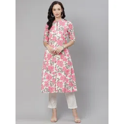 Divena Women White & Pink Floral Printed Pure Cotton A-line Kurta-picture-10