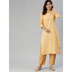 Divena Women Yellow & Brown Floral Printed Kurta with Trousers-picture-17