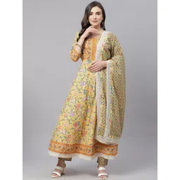 Divena Women Yellow Pure Cotton Floral Print Kurta with Trousers & Dupatta-picture-18