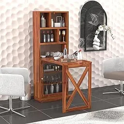 DIVESHIKA ART Solid Sheesham Wooden Bar Cabinet for Home - Wooden Wine Rack for Home Bar - Foldable Modern Bar with Shelves & Glass Door Storage (Honey)-picture-11