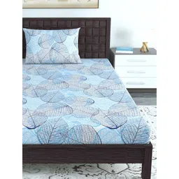 Divine Casa Blue & White Floral 144 TC Single Bedsheet with 1 Pillow Covers-picture-10