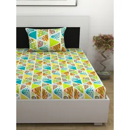 Divine Casa Lime Green & White Geometric 144 TC Single Bedsheet with 1 Pillow Covers-picture-37