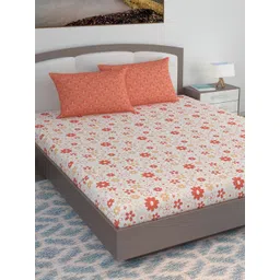 Divine Casa Orange Floral Blend Cotton 120 TC King Bedsheet with 2 Pillow Covers-picture-24