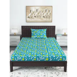 Divine Casa Turquoise Blue & White Floral 144 TC Single Bedsheet with 1 Pillow Covers-picture-21