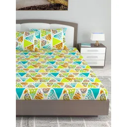 Divine Casa White & Green Geometric 144 TC King Bedsheet with 2 Pillow Covers-picture-33