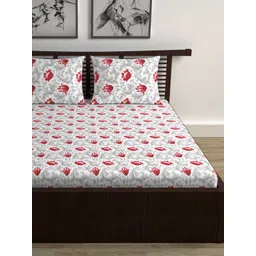 Divine Casa White & Red Floral 144 TC Queen Bedsheet with 2 Pillow Covers-picture-34