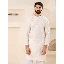 DIVISIVE Chevron Embroidered Mandarin Collar Sequinned Cotton Linen Straight Kurta-picture-22