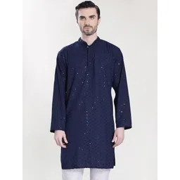 DIVISIVE Men Geometric Woven Design Chikankari Mandarin Collar Cotton Straight Kurta-picture-13