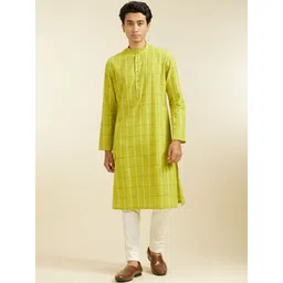 Diwas by Manyavar Checked Mandarin Collar Cotton Straight Kurta-picture-33
