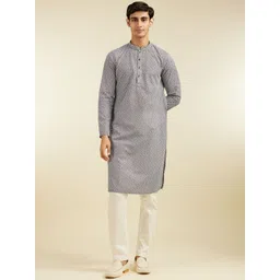 Diwas by Manyavar Geometric Printed & Embroidered Mandarin Collar Straight Kurta-picture-31