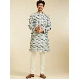 Diwas by Manyavar Geometric Printed Mandarin Collar Thread Work Straight Kurta-picture-42