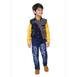 DKGF FASHION Boys Yellow & Navy Blue Printed 3 Piece Suit-picture-40